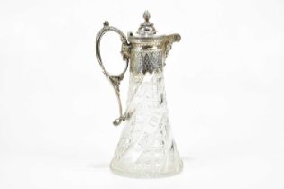 A good 19th century cut glass hobnail cut claret jug with silver plated mount and Bacchus head