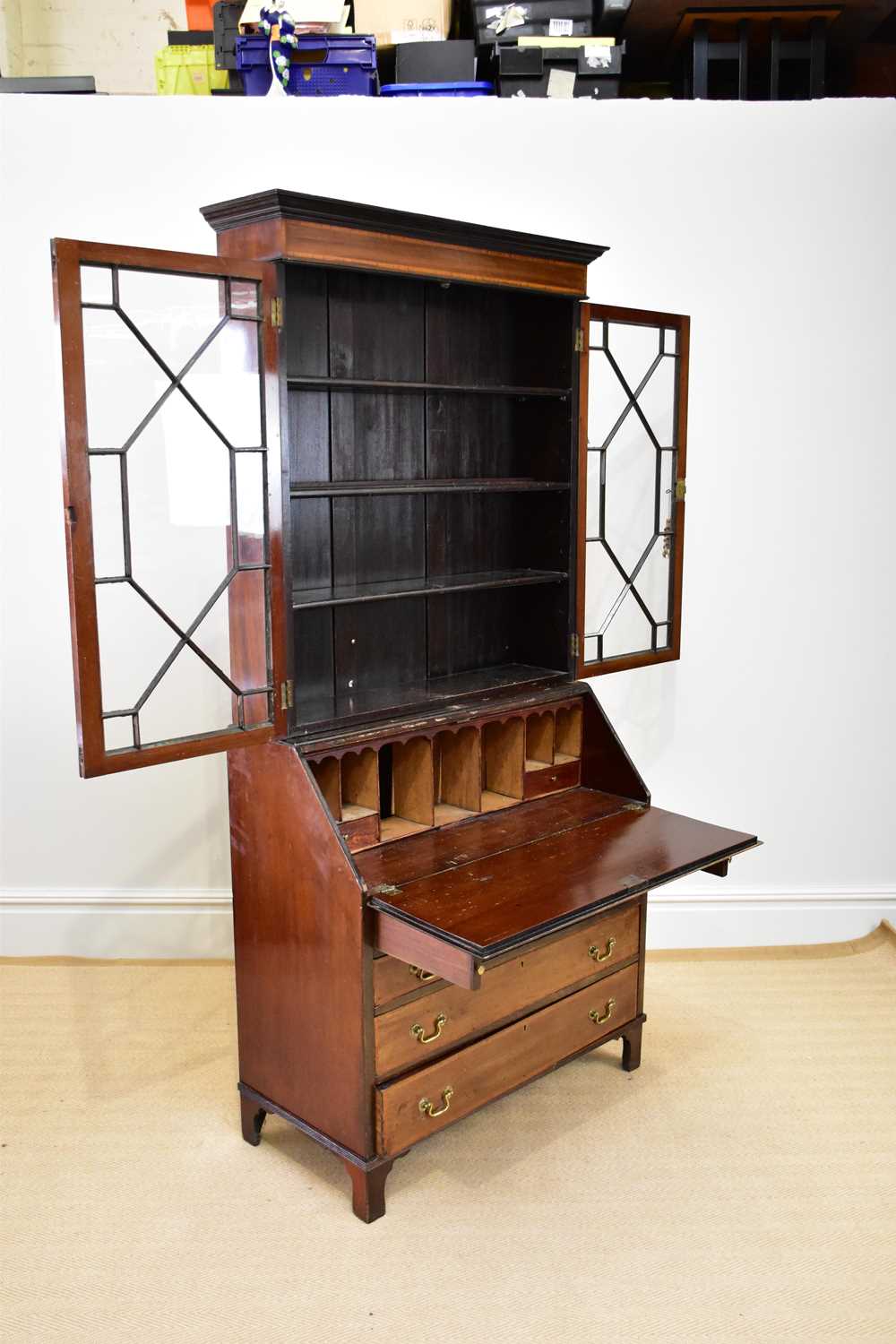 An Edwardian inlaid and crossbanded mahogany bureau bookcase with moulded cornice above a pair of - Image 4 of 4