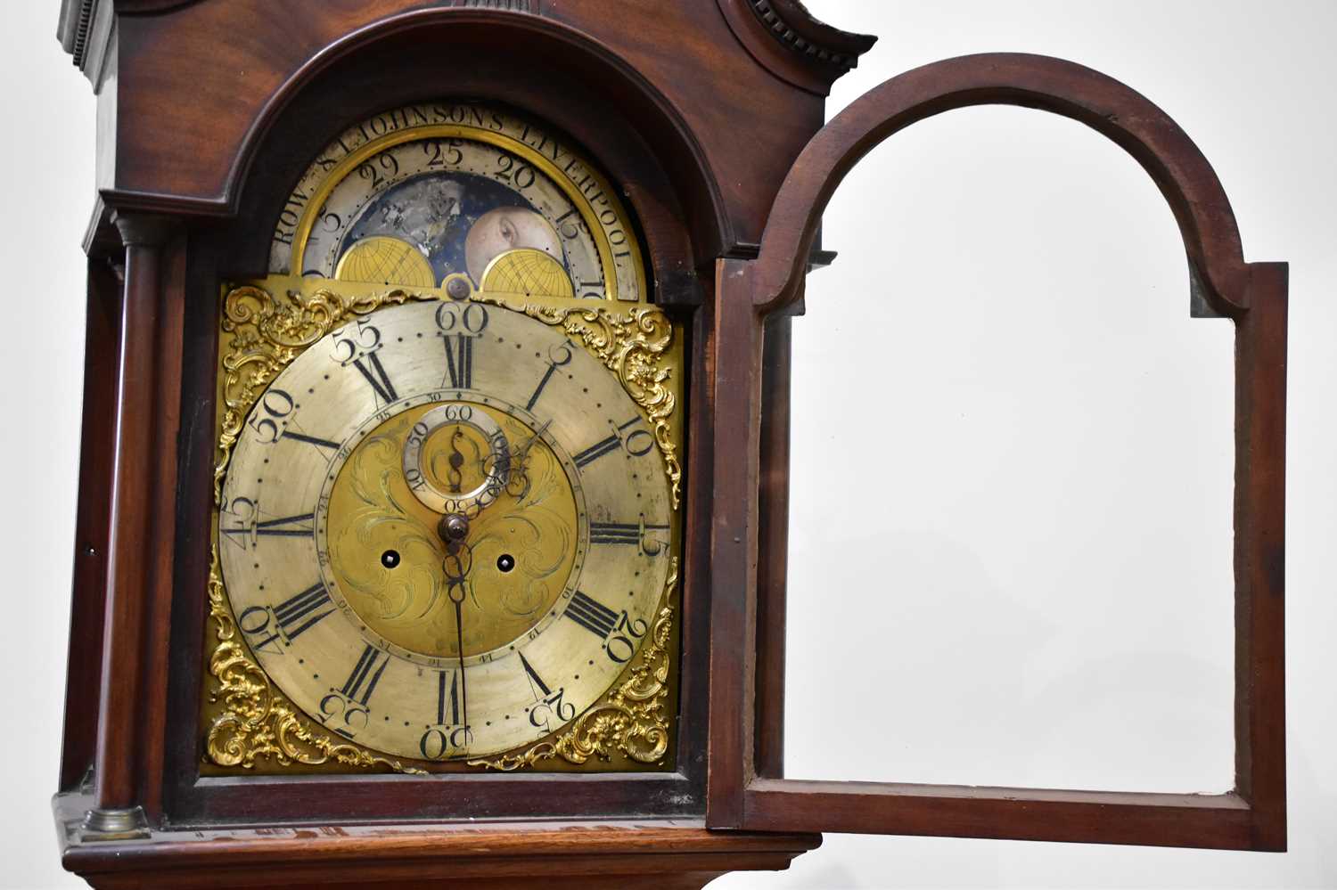 JOHNSONS, LIVERPOOL; an 18th century eight day longcase clock, the brass face with applied - Image 2 of 4