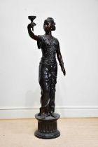 A large bronze lamp modelled as a maiden supporting a lantern, on fluted plinth base, height 179cm.