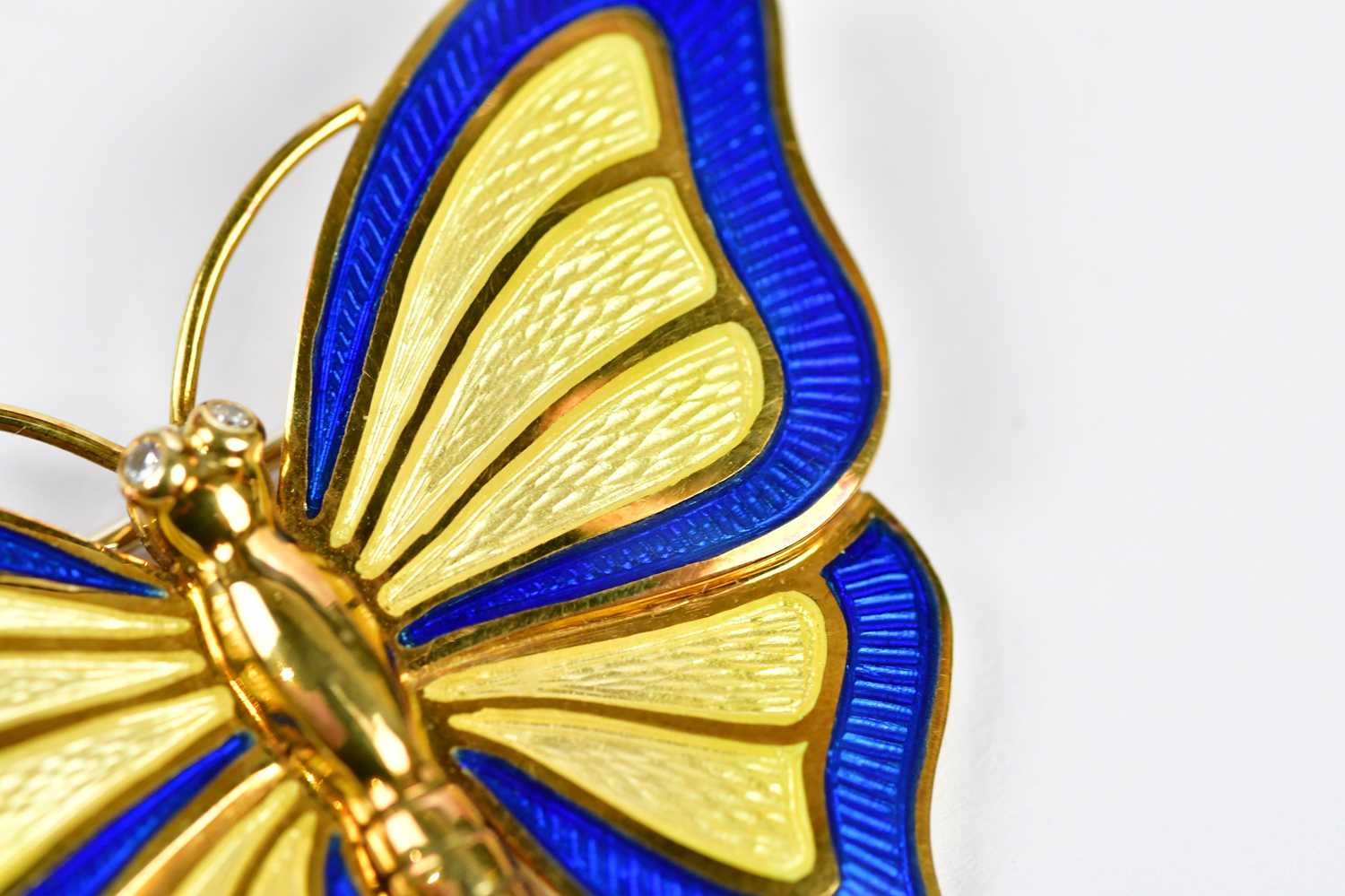 DE VROOMEN; an 18ct yellow gold enamel decorated butterfly brooch, width 43mm, approx 14.16g, - Image 6 of 6