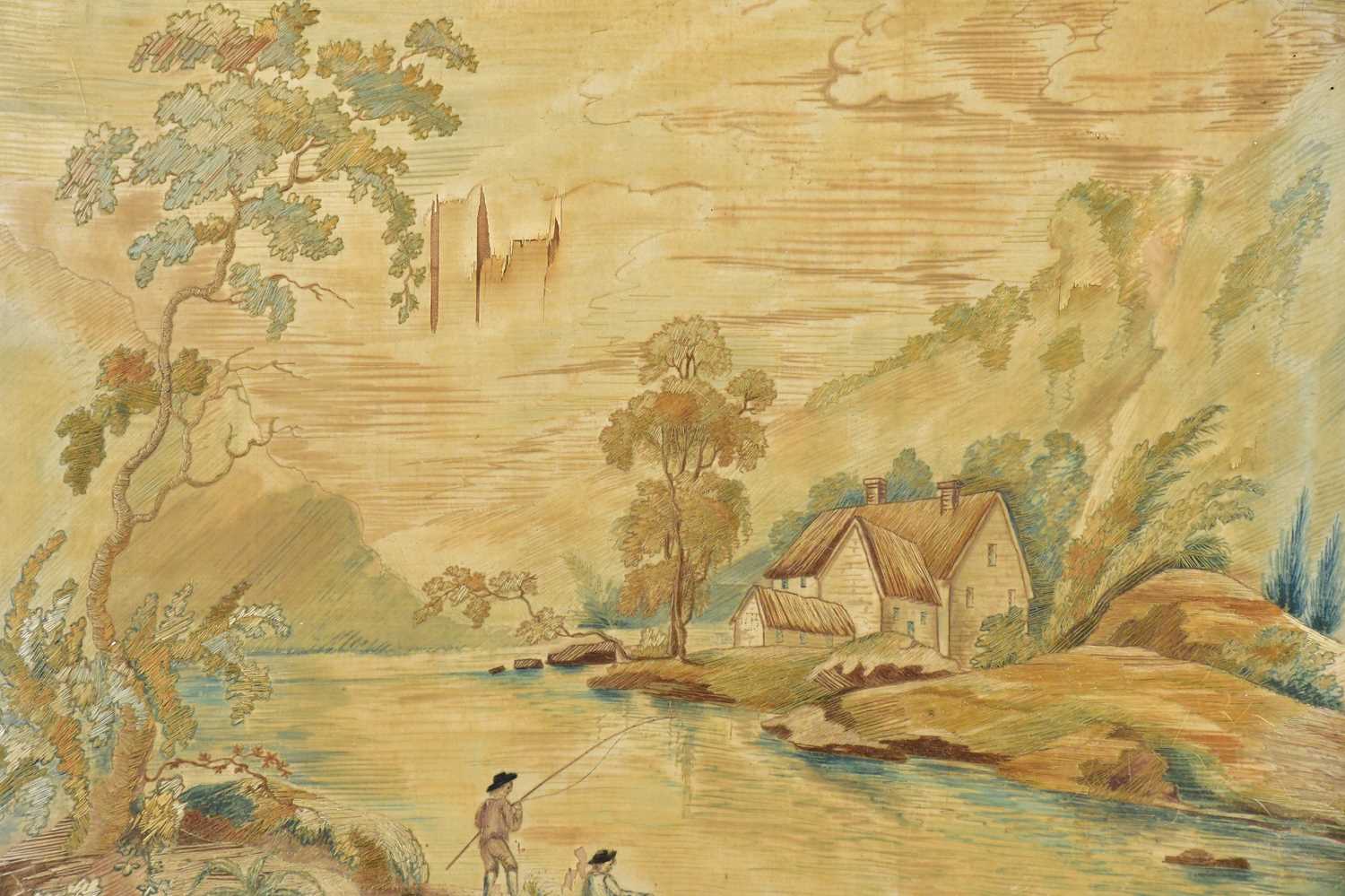 SPORTING INTEREST; a Georgian needlework picture of fishermen beside river scene, 36 x 44cm, - Image 2 of 3