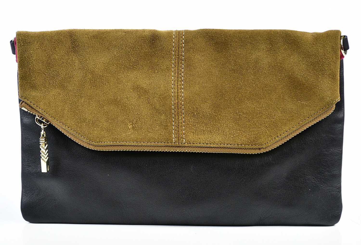 MAJE; a black calfskin leather clutch handbag with beige brown suede front flap and raspberry red