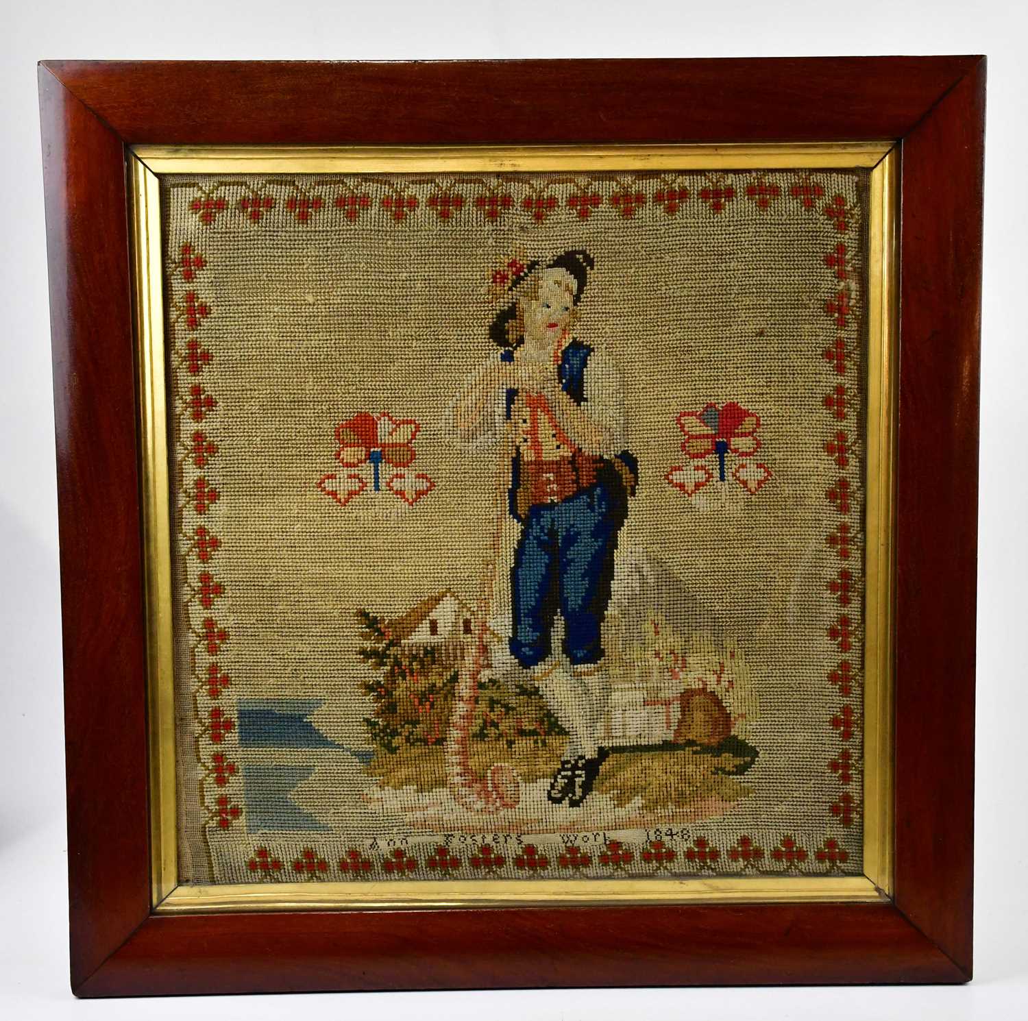 Three 19th century needlework pictures, including an example depicting a farm boy in landscape, 44 x - Image 2 of 3