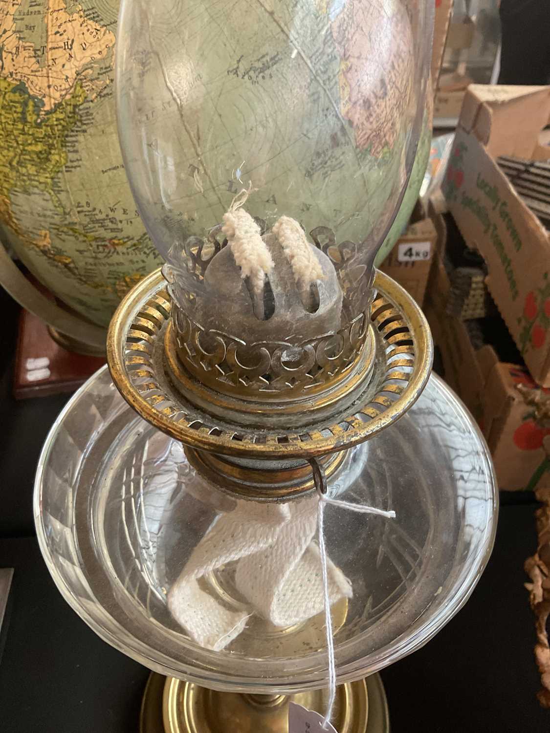 A Victorian brass oil lamp, with vaseline glass shade and Palmer & Co duplex wick holder above the - Image 6 of 6