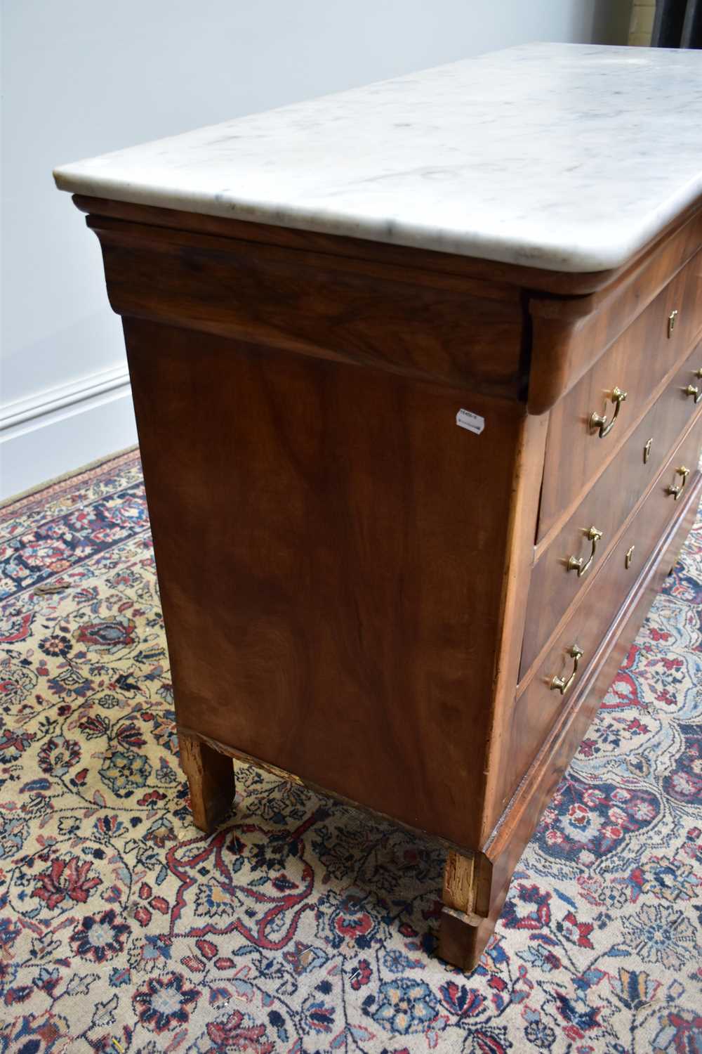 A French walnut marble topped chest of three drawers on bracket feet, width 115cm, depth 50cm, - Image 3 of 3