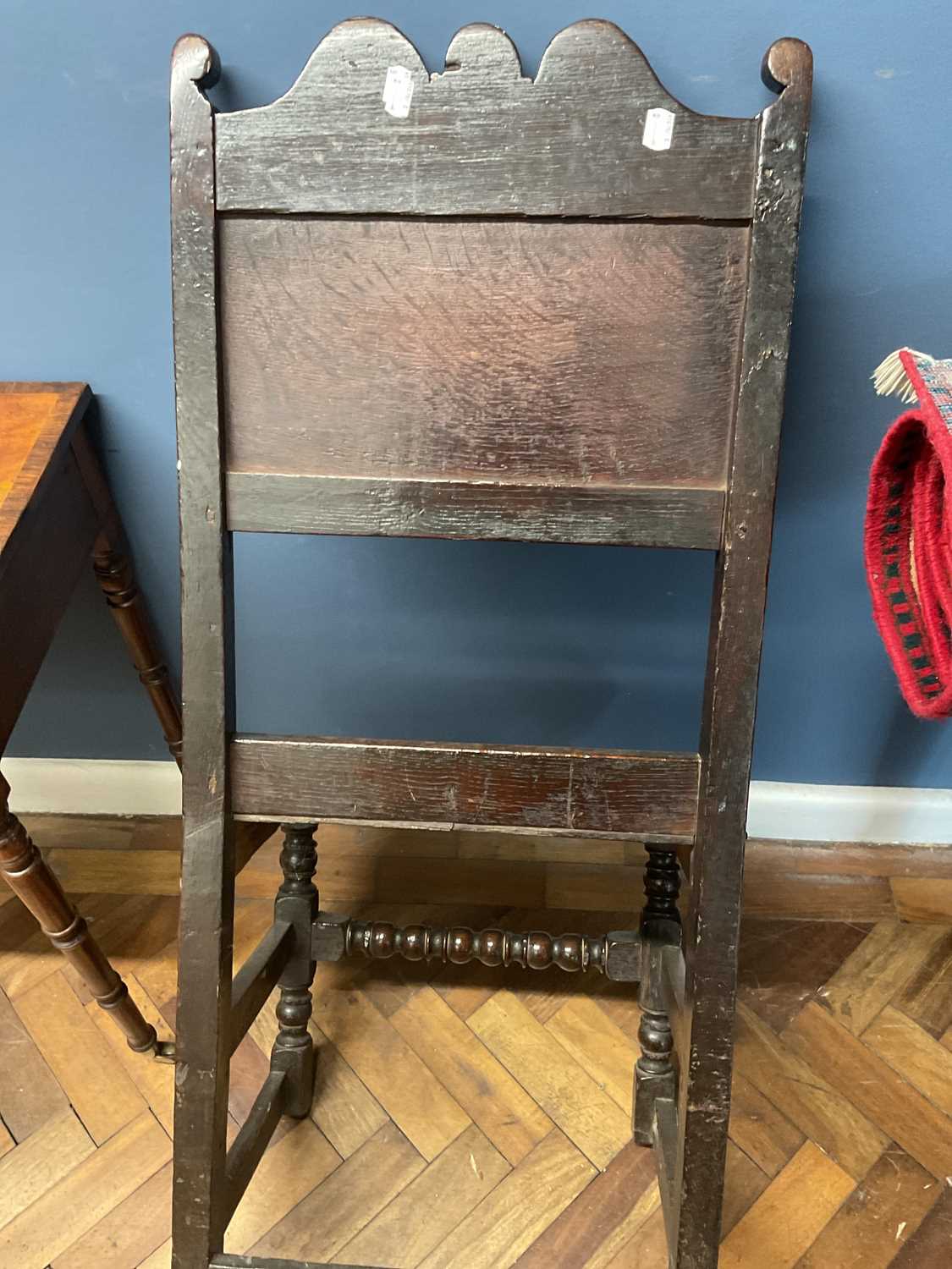 A pair of oak back stools, circa 1700, with panelled backs and plank seats, on turned and block - Image 7 of 12