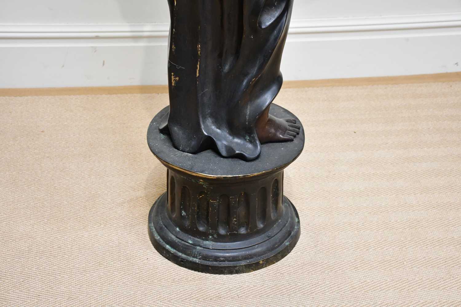 A large bronze lamp modelled as a maiden supporting a lantern, on fluted plinth base, height 179cm. - Image 5 of 10