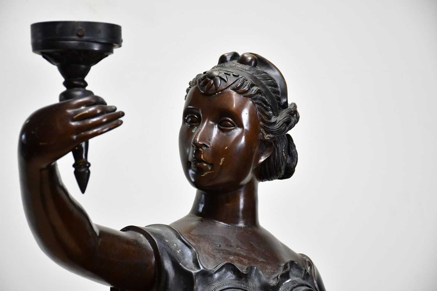 A large bronze lamp modelled as a maiden supporting a lantern, on fluted plinth base, height 179cm. - Image 6 of 10