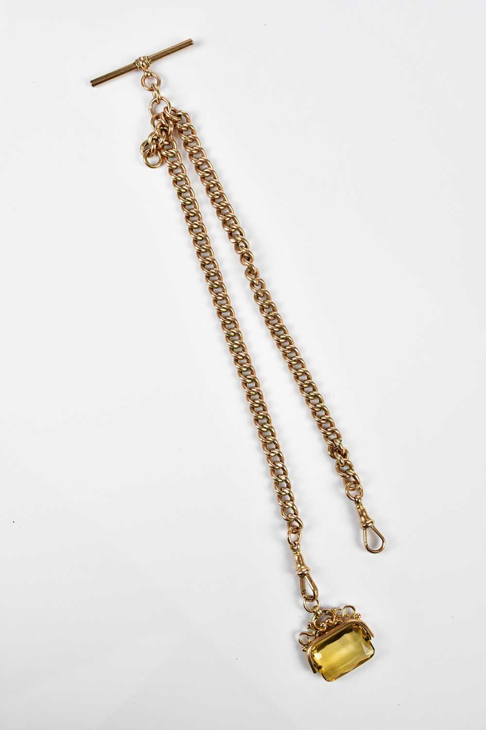 A 9ct rose gold double Albert chain with citrine swivel fob and T-bar, length 41cm, approx. 36.6g. - Image 3 of 3