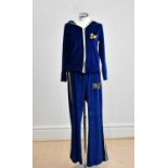 DOLCE & GABANNA; a blue velour two piece lounge suit, including a jacket with gold sequin D&G to