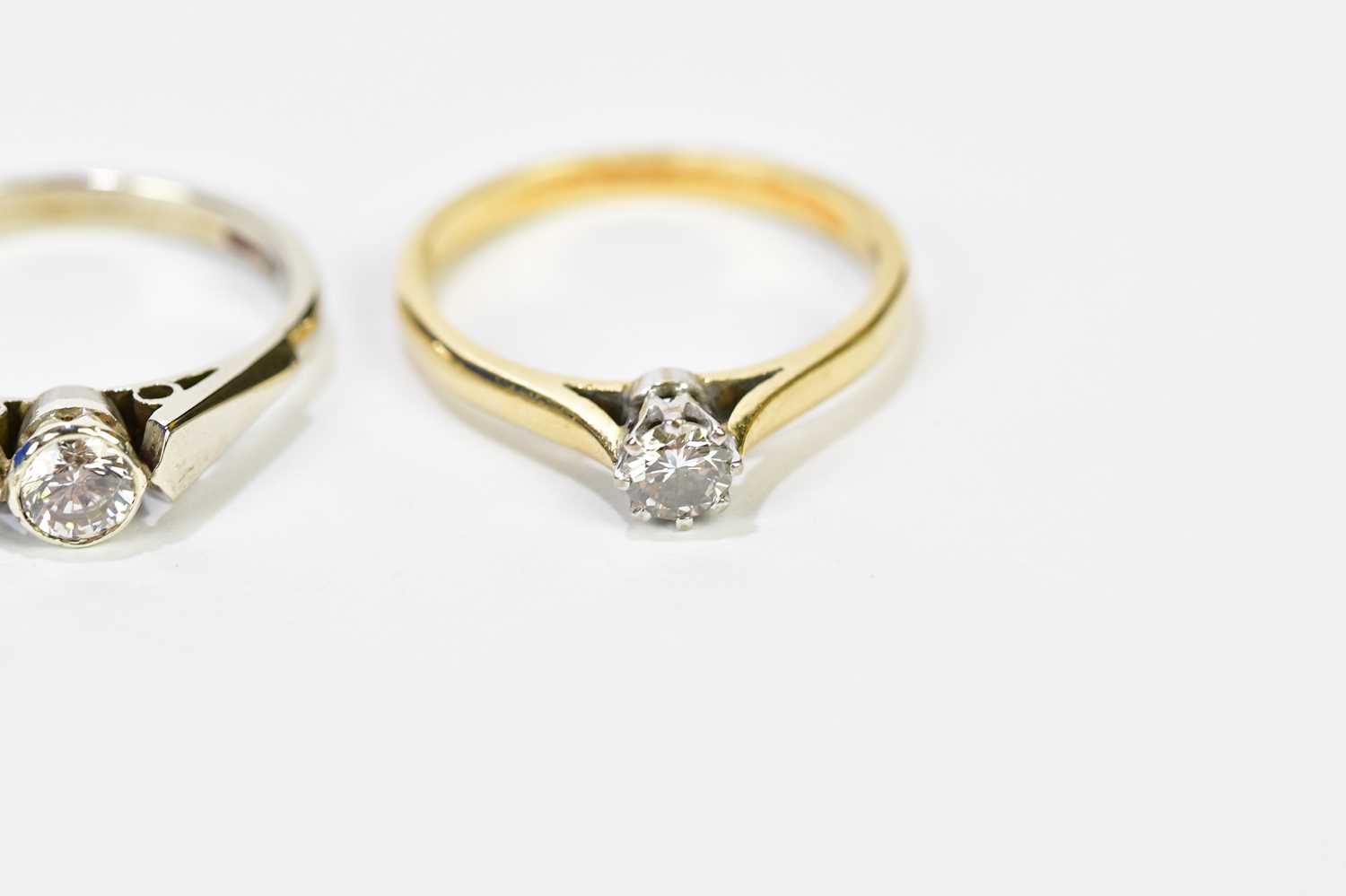 Two 9ct yellow gold diamond solitaire rings, one claw set, the other collet set, stones approx. 0.15 - Image 3 of 4