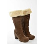 UGG, AUSTRALIA; a pair of dark brown suede Lillian full length boots, lined with sheepskin, with