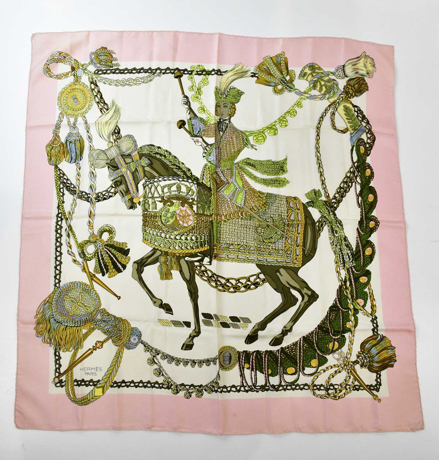 HERMÈS; a rare 100% silk Le Timbalier scarf, designed by Marie-Francoise Philippe in c.1961,
