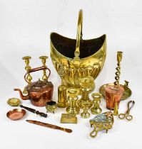 A collection of Victorian and later metalware including Avery weights, a copper kettle, a brass coal