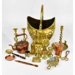 A collection of Victorian and later metalware including Avery weights, a copper kettle, a brass coal