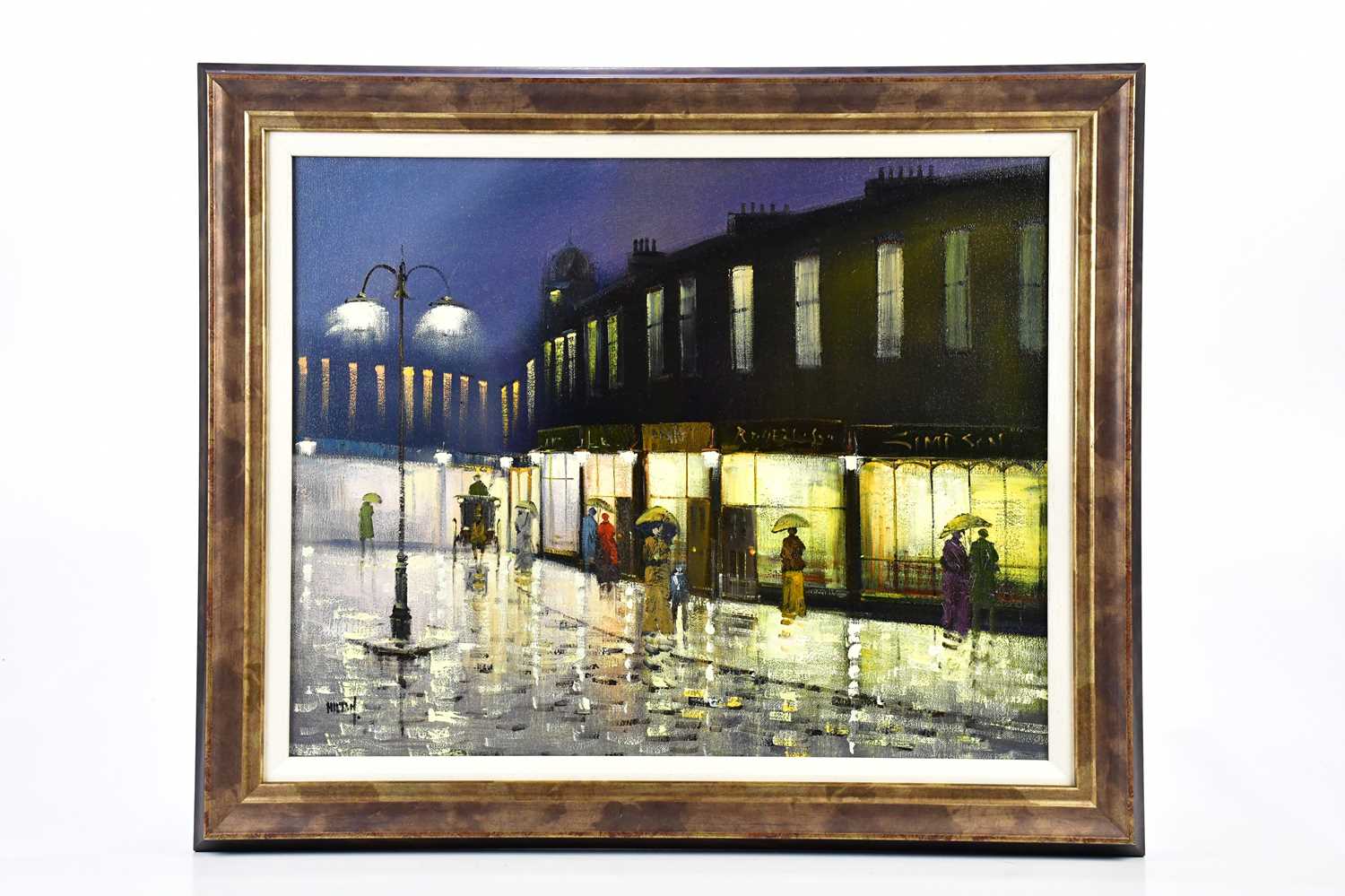 † BARRY HILTON; oil on canvas, street scene, signed lower left, 39 x 50cm, framed.