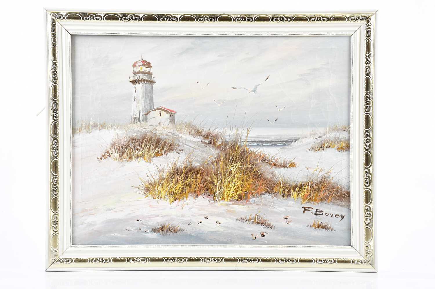 F BOVEY; oil on canvas, lighthouse scene, signed lower right, 29 x 38cm, framed.