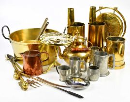 A collection of 19th century and later metalware, including brass jam pan, further brass pans,