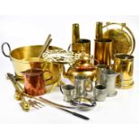 A collection of 19th century and later metalware, including brass jam pan, further brass pans,