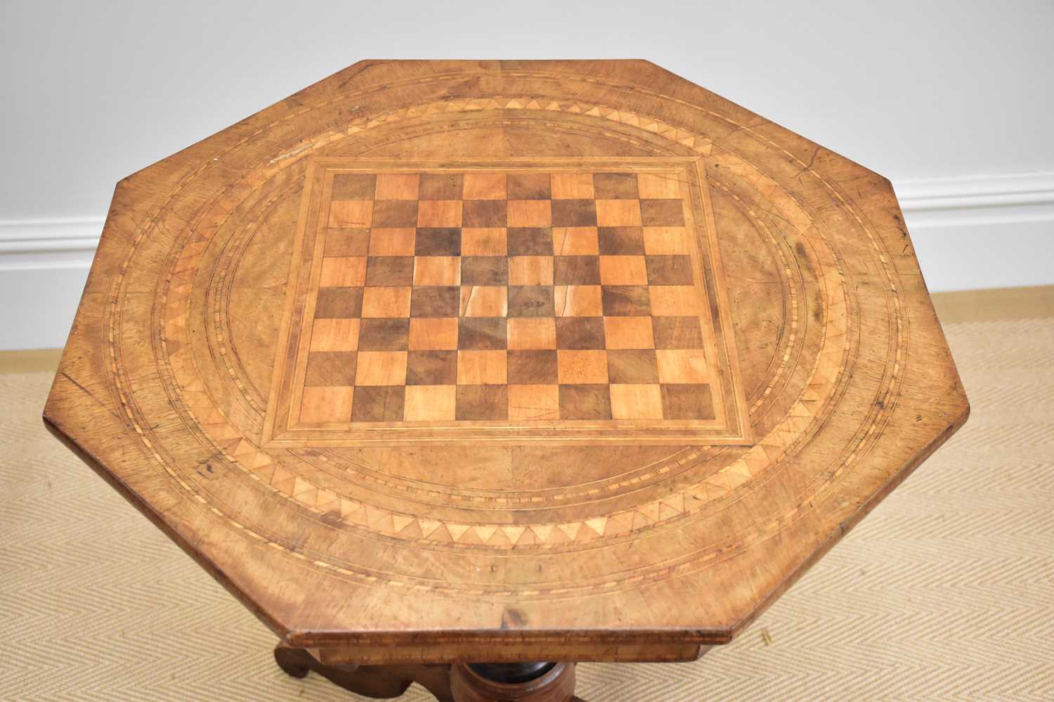 A Victorian octagonal top occasional table with chessboard top, height 74cm. - Image 2 of 3