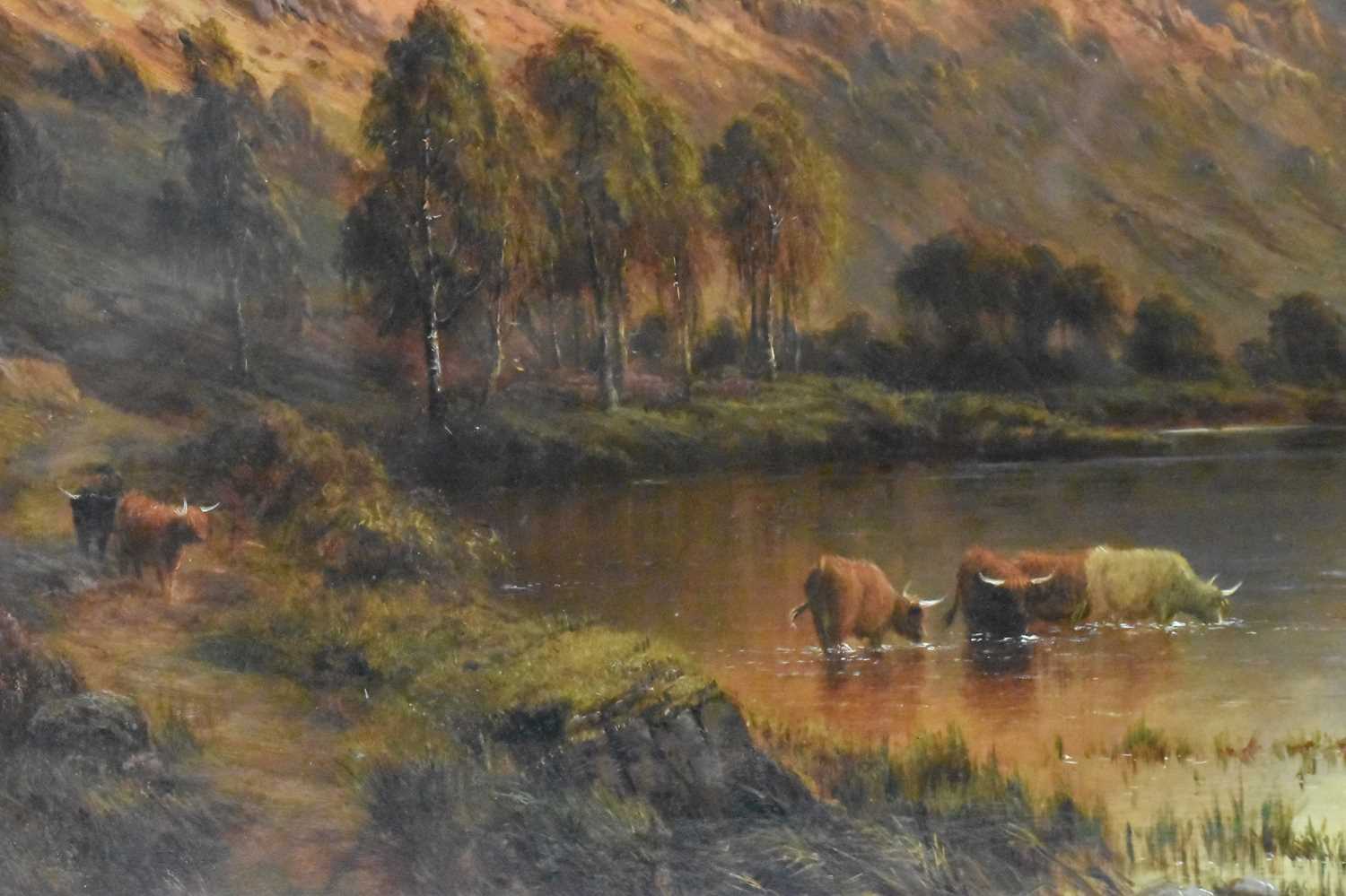 ALFRED DE BREANSKI SNR (1852-1928); oil on canvas, cattle drinking at a loch in Scottish Highlands - Image 5 of 6