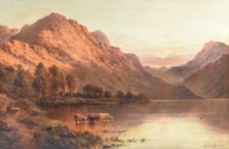 ALFRED DE BREANSKI SNR (1852-1928); oil on canvas, cattle drinking at a loch in Scottish Highlands