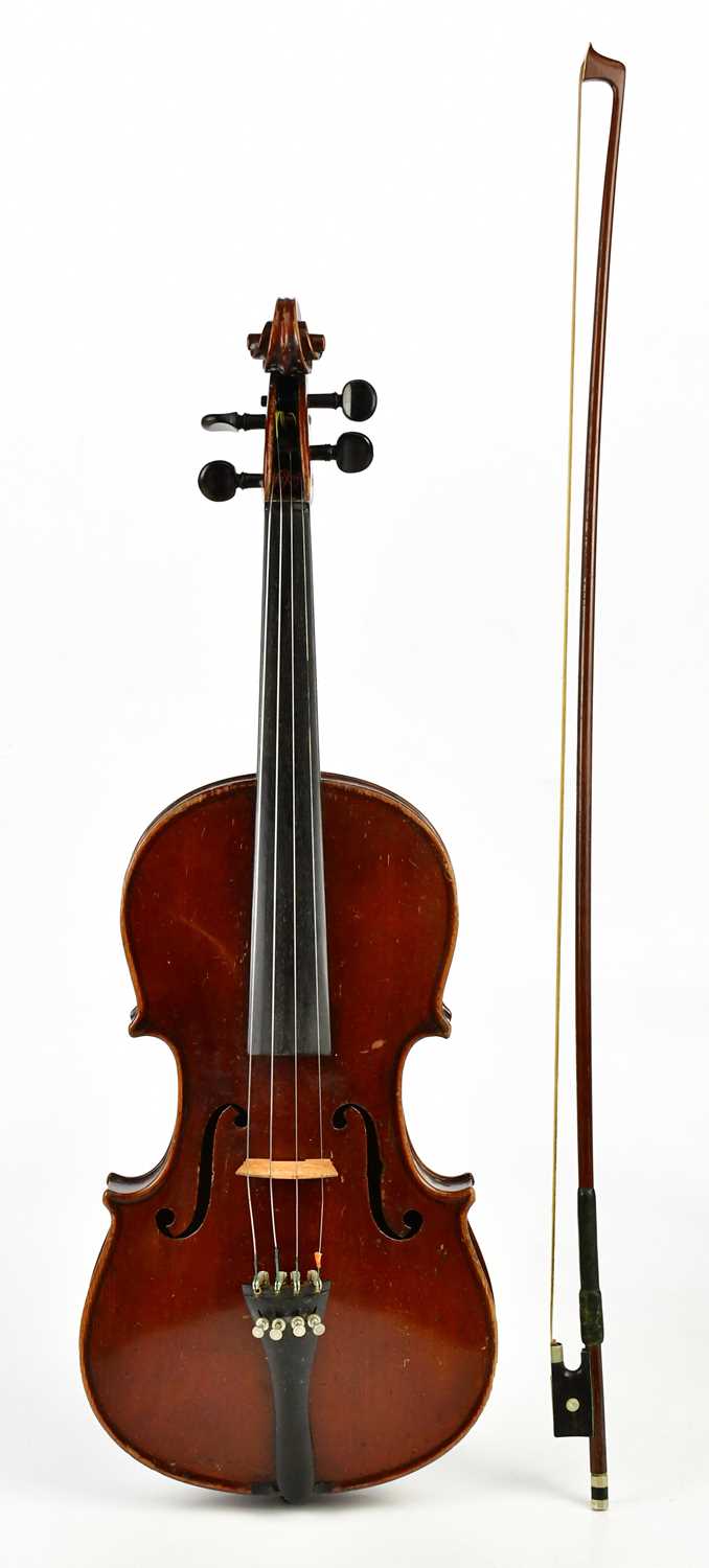 A full size German Mittenwald violin with two-piece back length 35.8cm, unlabelled, cased with a