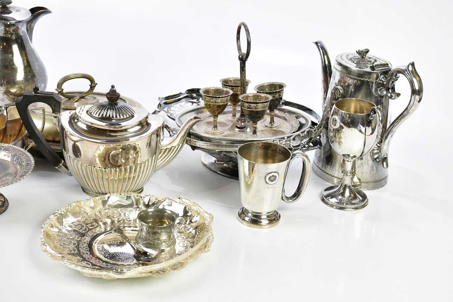 A collection of assorted plated items including trophy cup, egg cups on stand, an entree dish and - Image 3 of 3