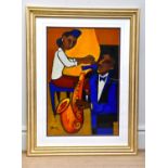 MARSHA HAMMEL; oil on gesso, 'In The Groove, 1937 - Mary Lou Williams & Sax', 90 x 60cm, framed