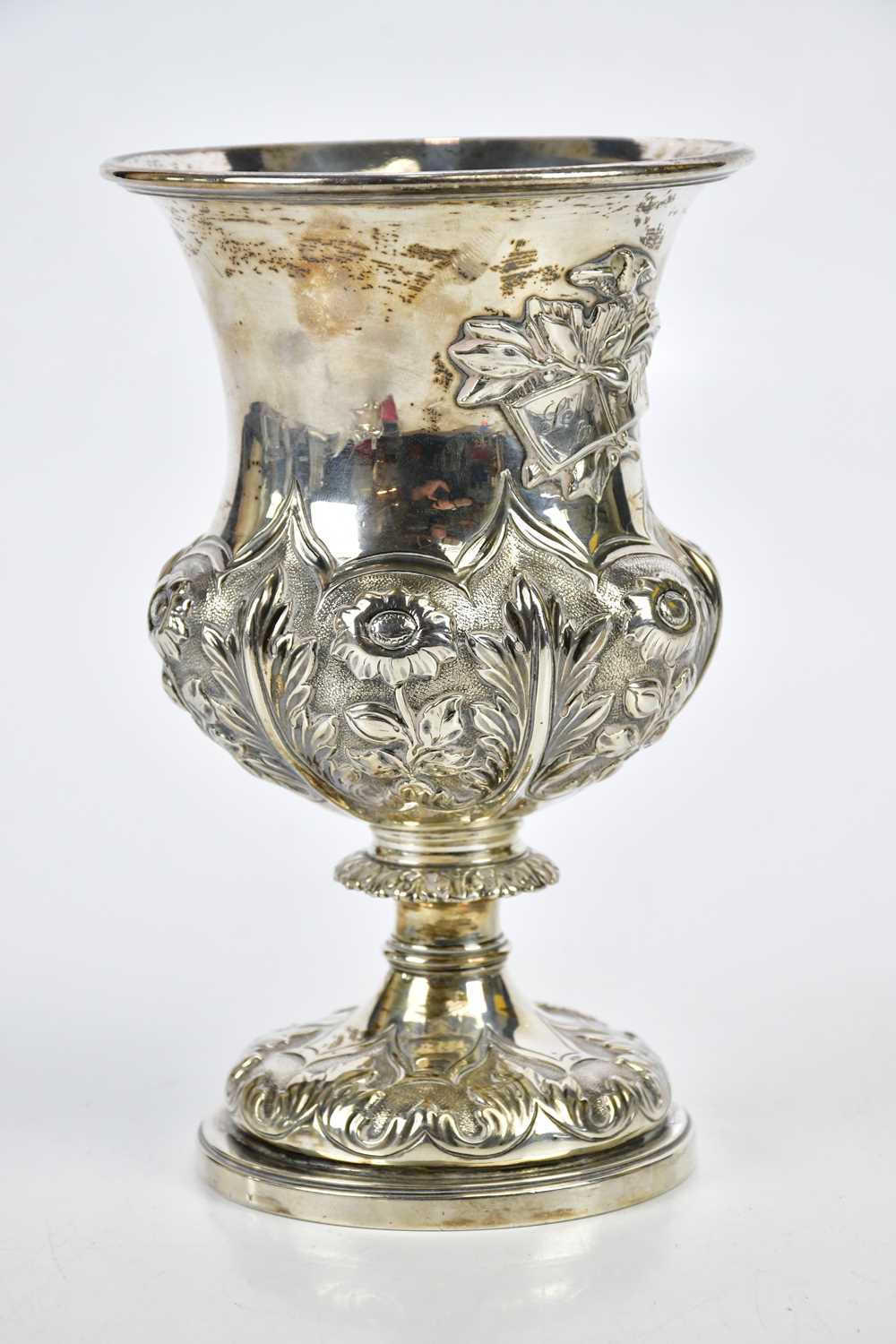 JOHN JAMES KEITH; a William IV hallmarked silver goblet with embossed floral decoration, London