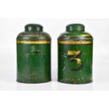 A pair of Victorian green painted cylindrical tea canisters, one example gilded with a numeral '
