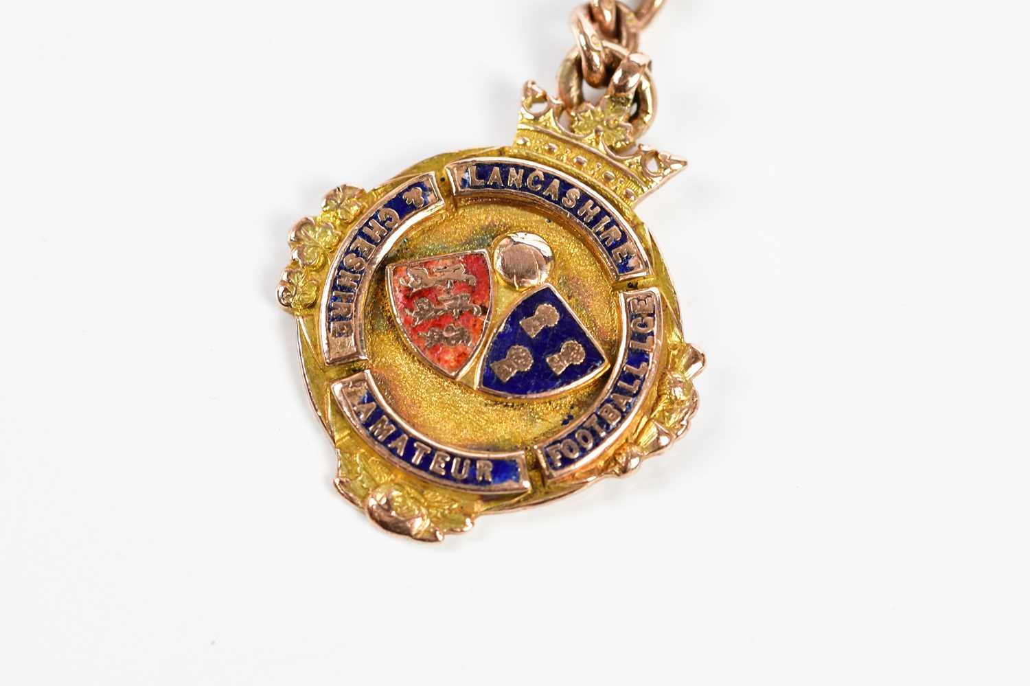 LANCASHIRE & CHESHIRE AMATEUR FOOTBALL; a 9ct yellow gold and enamel winners' medal, awarded to J - Bild 2 aus 6