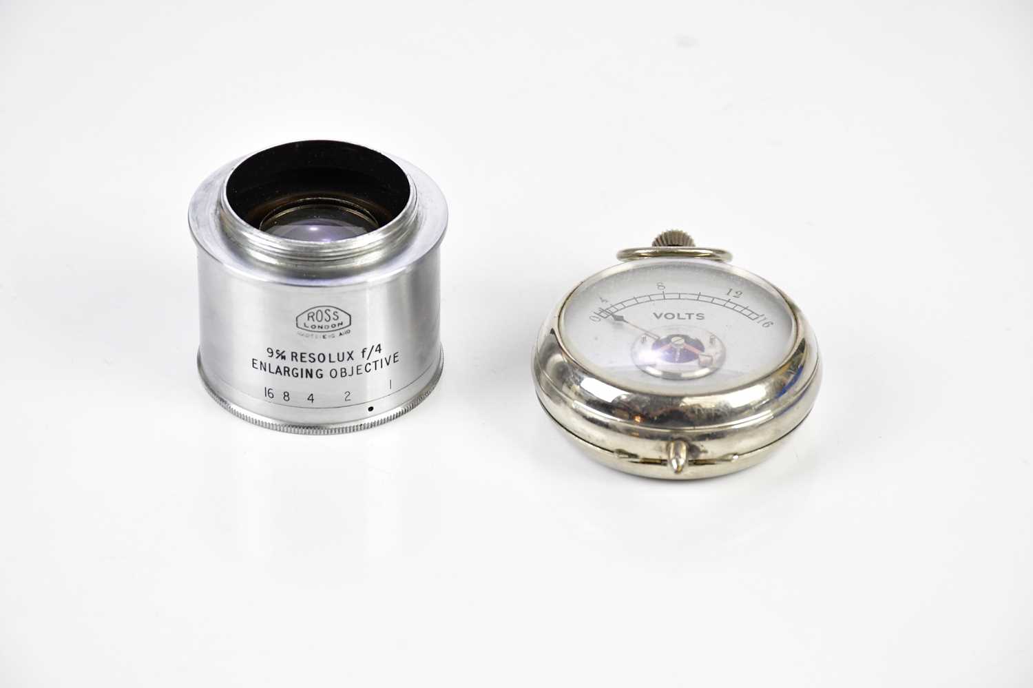 ROSS, LONDON; a 9CM Resolux F/4 enlarging objective lens, together with a pocket voltmeter.