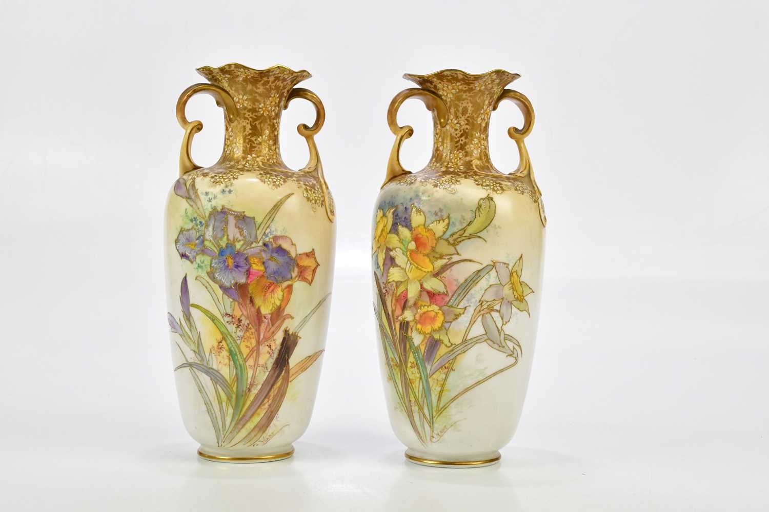 DOULTON BURSLEM; a pair of twin handled vases with wavy rims, each with hand-painted floral - Image 4 of 5