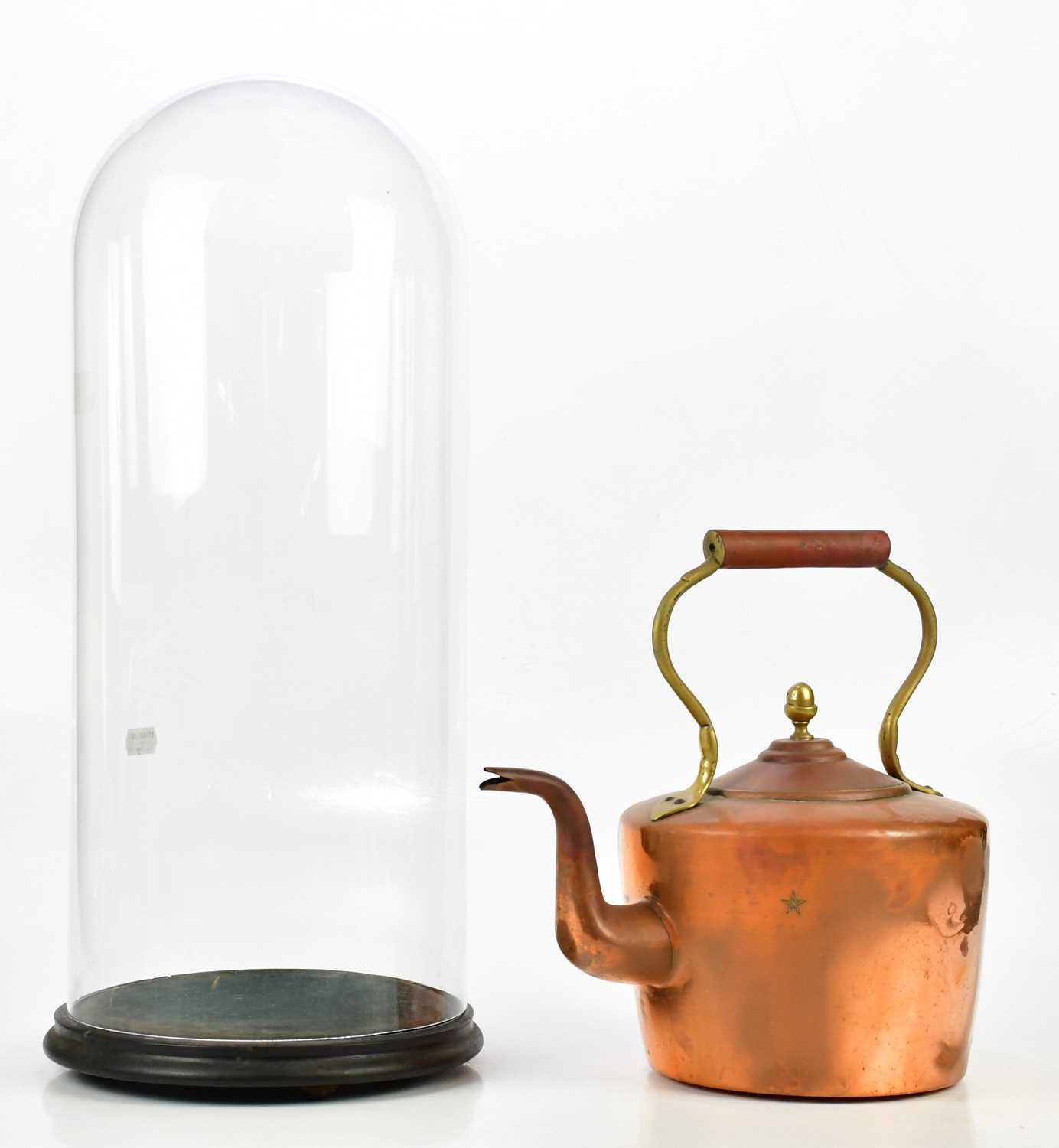 A Victorian glass dome, height 52cm, and a 19th century copper kettle (2).