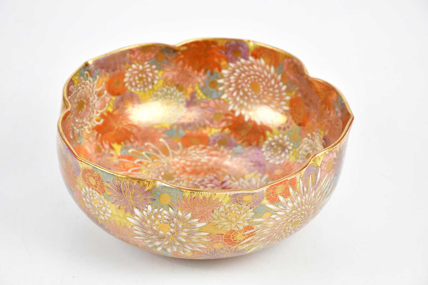 A Japanese Meiji period Satsuma bowl, finely painted with chrysanthemums and floral edge, diameter - Image 2 of 5