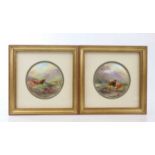 F MICKLEWRIGHT; a pair of hand painted Paragon plaques, Highland cattle, both signed, diameter 11.