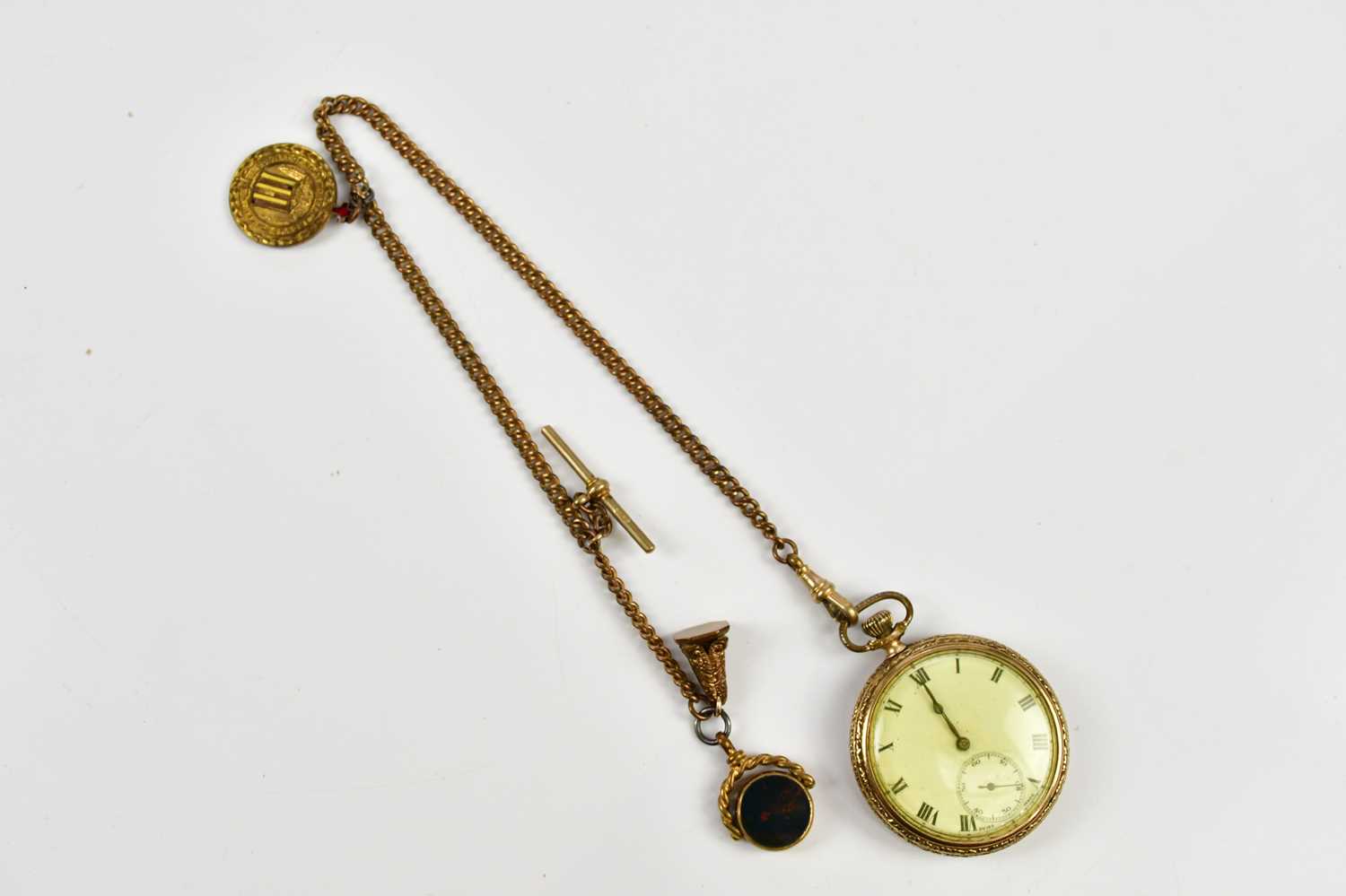 An American crown wind open face gold plated pocket watch, the dial set with Roman numerals and