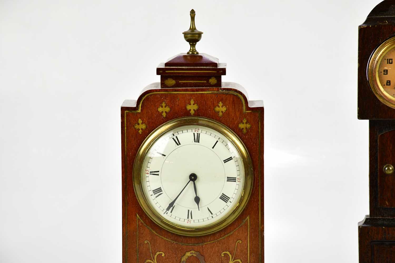 A late 19th century brass inlaid mahogany mantel clock, with brass urn finial above the enamel - Image 2 of 4