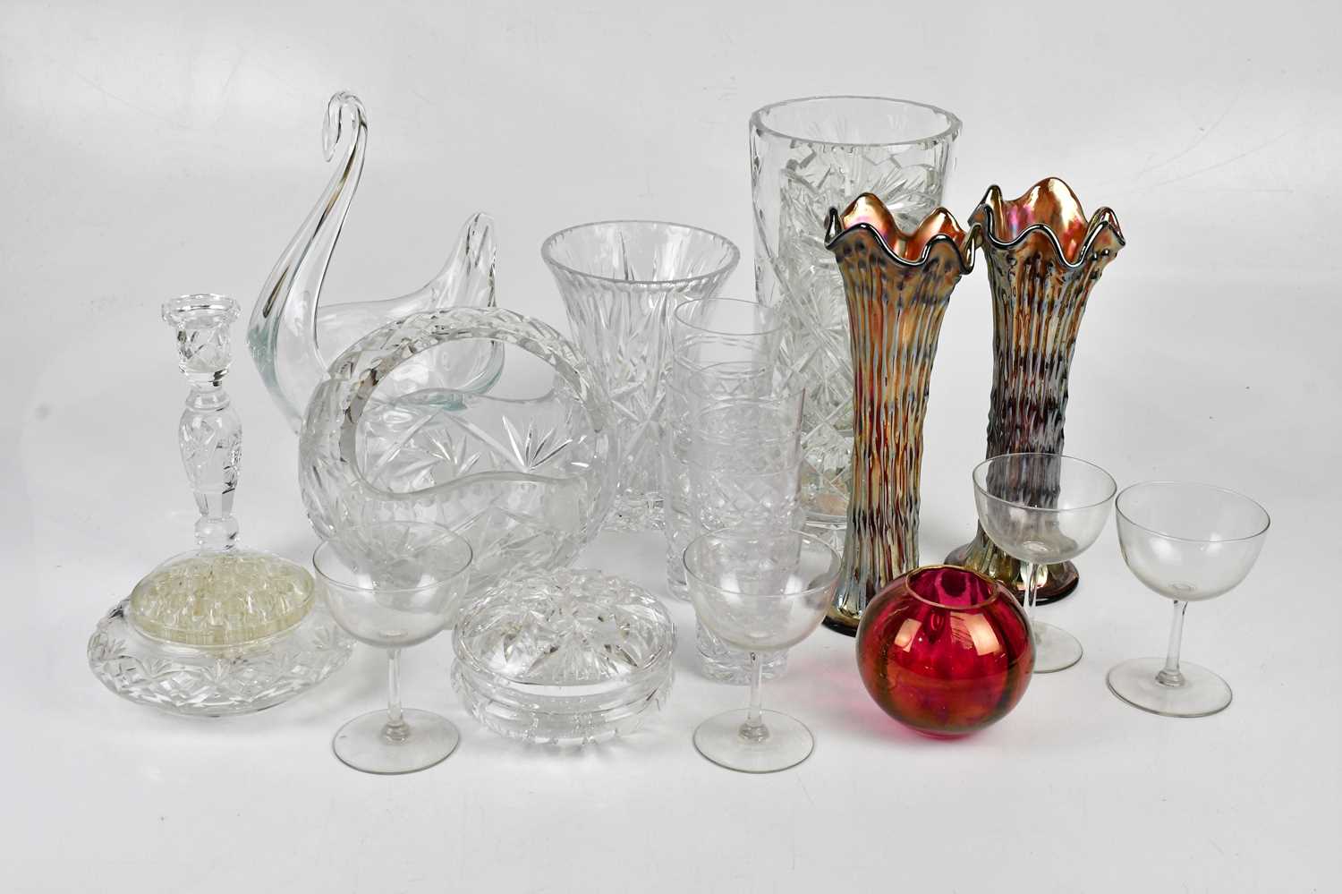 A collection of cut glass, together with a pair of carnival glass vases, etc.
