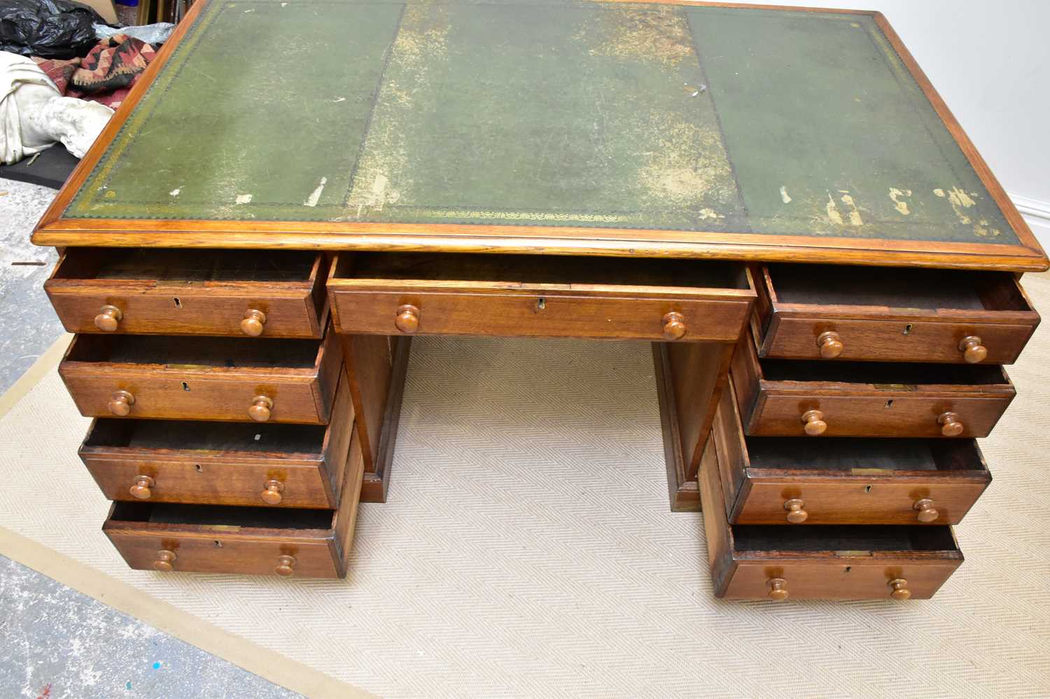A 19th century oak partner's desk with gilt tooled leather top, drawers and cupboard doors, width - Image 3 of 4