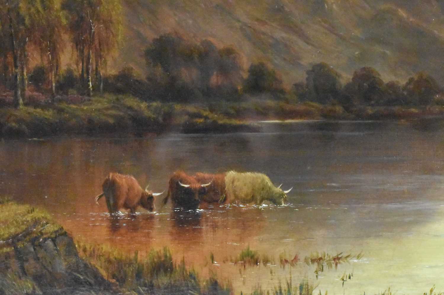 ALFRED DE BREANSKI SNR (1852-1928); oil on canvas, cattle drinking at a loch in Scottish Highlands - Image 4 of 6