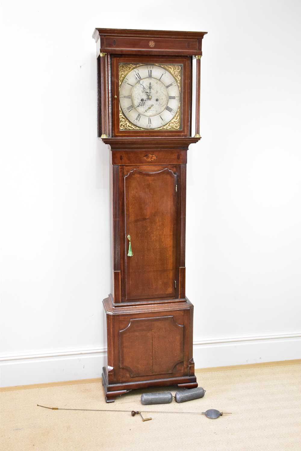 COATS, WIGAN; a late 18th century eight day longcase clock, the brass face with applied silvered