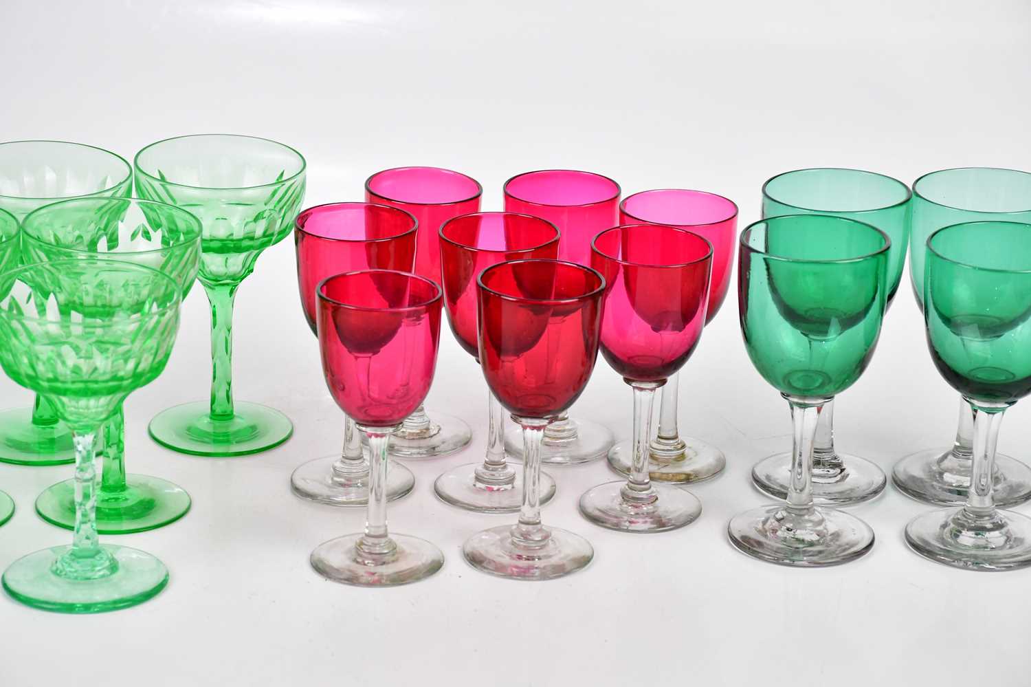 A set of twelve 1930s cut green glass wine glasses, height 12.5cm, with eight late Victorian ruby - Image 3 of 4