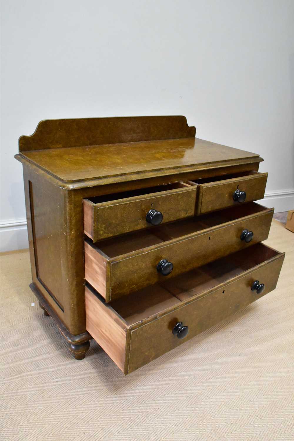 A Victorian scrumbled pine chest of drawers with raised back above two short over two long drawers - Image 3 of 3