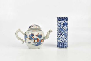 A 19th century Chinese teapot, together with a blue and white cylindrical vase with four character