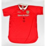 MANCHESTER UNITED; a signed Camp Nou Champions League The Final 1990 retro style football shirt,