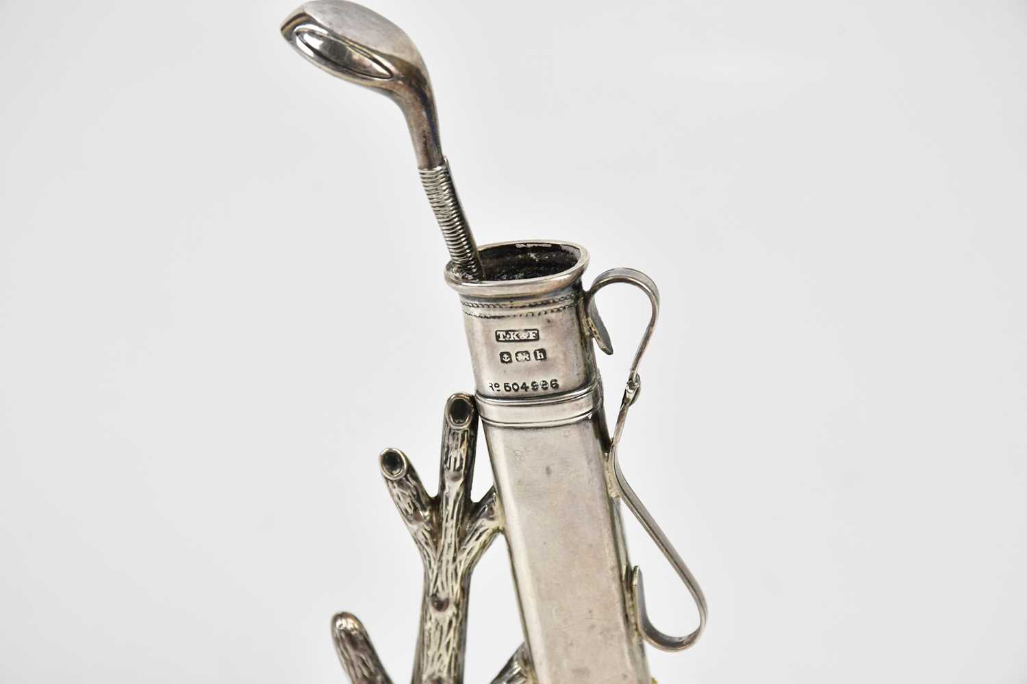 TOZER, KERNSLEY & FISHER; an Edward VII hallmarked silver ring tree/pin holder in the form of a golf - Image 3 of 4