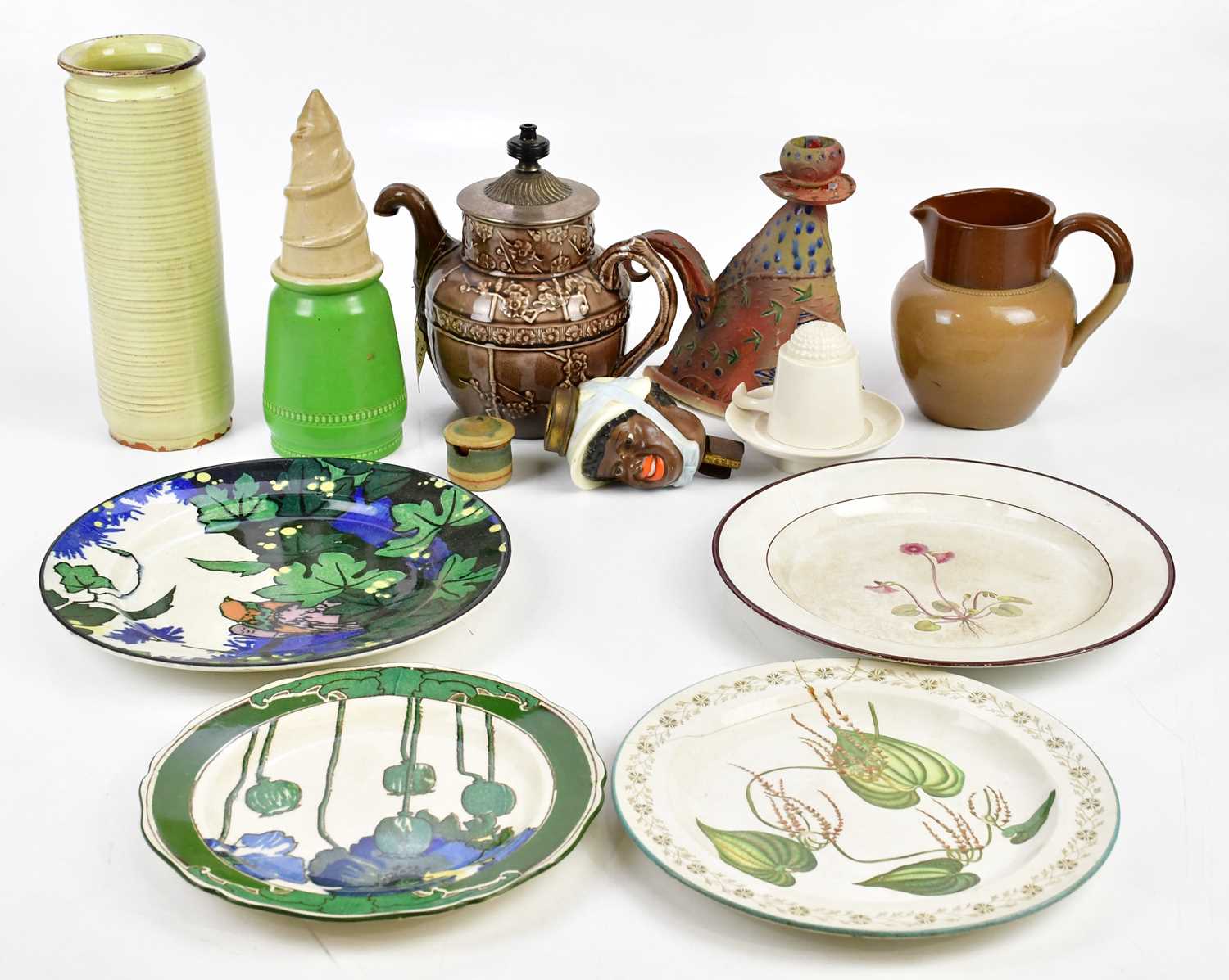 A collection of 19th century and later ceramics, to include two botanical plates, largest diameter